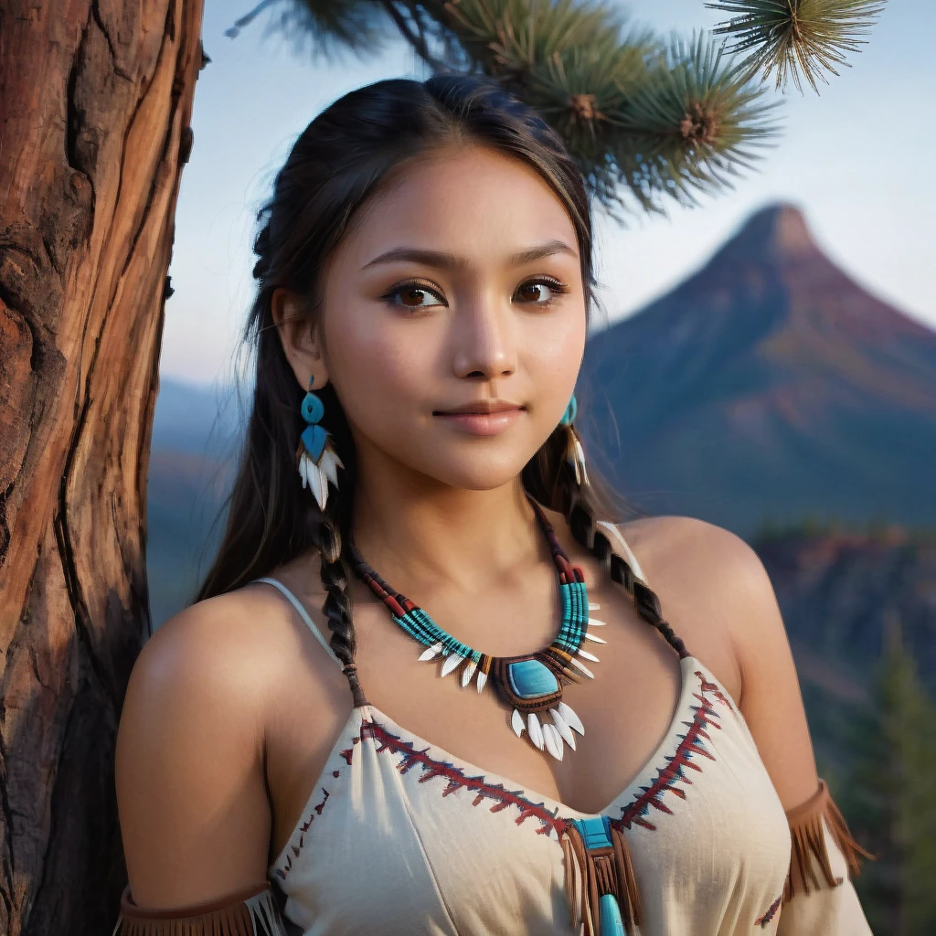 (grainy:0.5), cinematic, beautiful girls 25 year old native american,fantasy,(solo:1.3), detailed brown eyes, detailed face, detailed native american sexy clothing, volumetric lighting, dusk, extremely detailed background, standing next to tree and mountain, smiling, half closed brown eyes, tilted head, from side, sitting next to her Northern Cardina