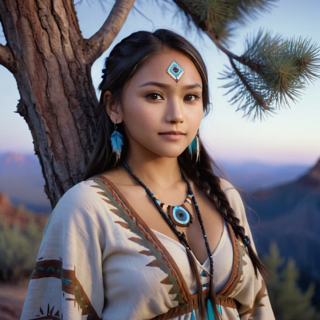 (grainy:0.5), cinematic, beautiful girls 25 year old native american,fantasy,(solo:1.3), detailed brown eyes, detailed face, detailed native american sexy clothing, volumetric lighting, dusk, extremely detailed background, standing next to tree and mountain, smiling, half closed brown eyes, tilted head, from side, sitting next to her Northern Cardina