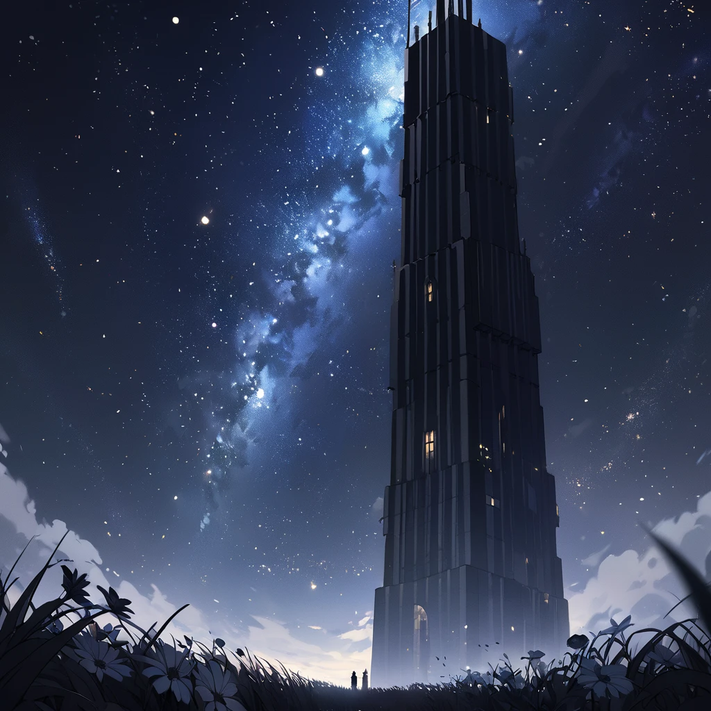 two towers, one about 5 meters apart and one next to the other Whiter tower Dark tower and both with the same height with a starry night without people and with a field full of white and black flowers