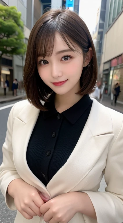 Tabletop, Highest quality, figure, Very detailed, In detail, High resolution, 8k wallpaper, Perfect dynamic composition, Beautiful attention to detail, suit,short hair,Center of chest, Natural color lip, Bold sexy pose,smile,Harajuku、20-year-old girl、beauty department、sexy shot looking at camera、Tokyo