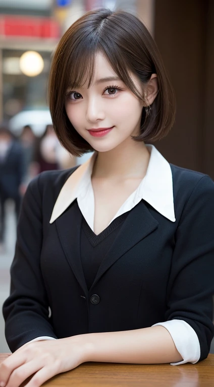 Tabletop, Highest quality, figure, Very detailed, In detail, High resolution, 8k wallpaper, Perfect dynamic composition, Beautiful attention to detail, suit,short hair,Center of chest, Natural color lip, Bold sexy pose,smile,Harajuku、20-year-old girl、beauty department、sexy shot looking at camera、Tokyo