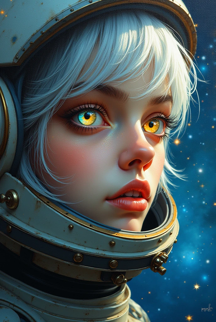 (Close-up of a better masterpiece:1.5)0.9], (Space and astronauts:1.2) (Messy silver hair:1.1) (Heterochromia xanthochromia and blue eyes:1.2) (Space Helmet:1.0) (Colored stars in the eyes:1.0) (A radiant glow:1.1) (thick lips:0.9)