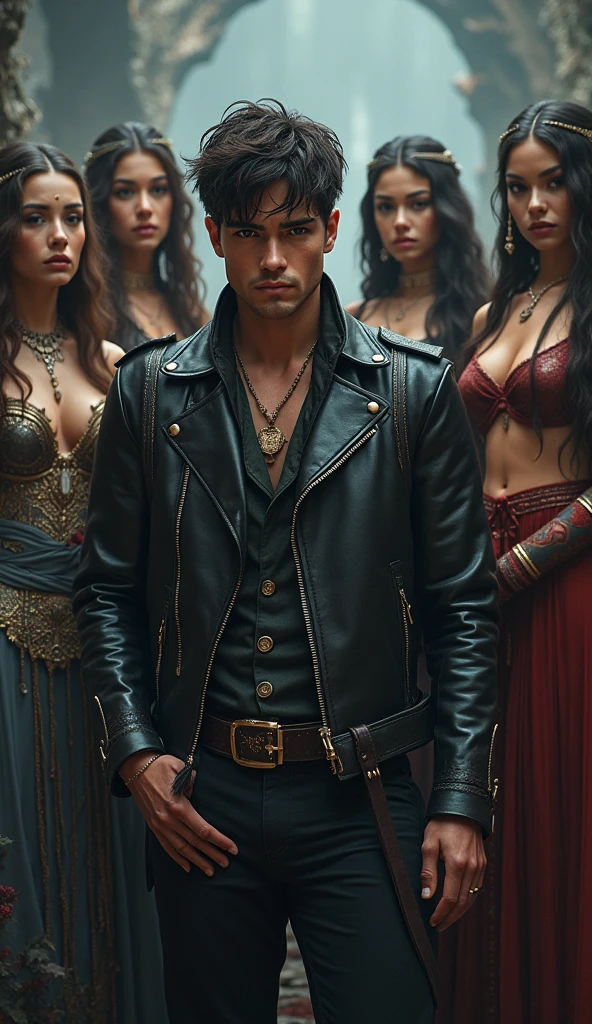 Create a dark fantasy scene featuring a fierce warrior young man standing tall in the center. He should fashionable leather jacket. Surrounding him are his four wives, each with unique, warrior attire that reflects their distinct personalities. They should be posed gracefully around him, each showing a blend of regal and mythical elements. The background should be a dark magical, ethereal landscape with hints of a dragon’s lair or a mystical realm