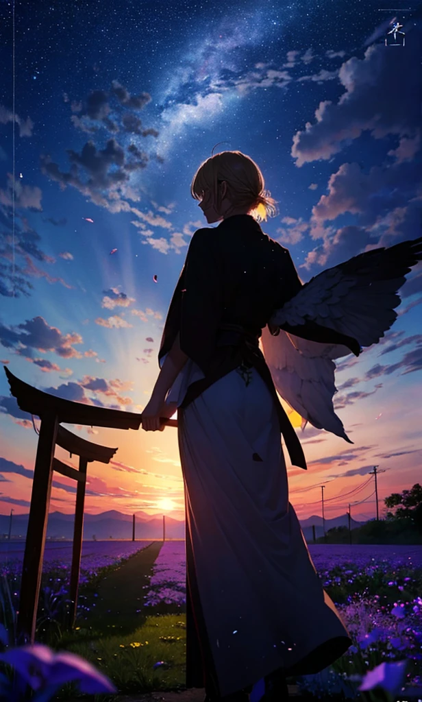 1people々々々々々々々々々々々々々々々々々々々,Woman with medium length blonde hair,Long coat,Takageta, Winged Back,Dress Silhouette, Rear View,Space Sky, Flower Field,Colorful flowers,Dancing Petals,full moon,shrine,