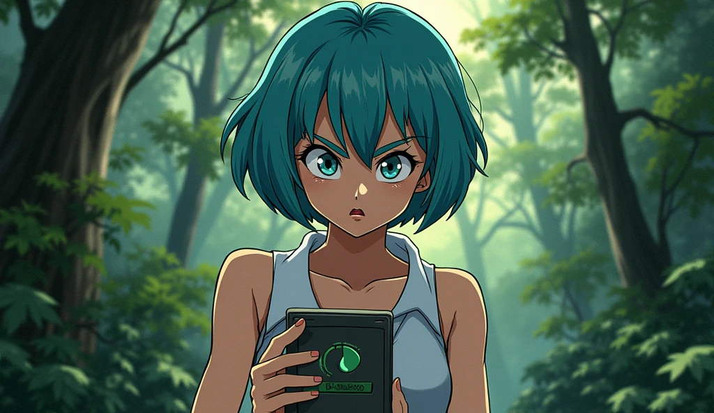 Create an illustration of Bulma from Dragon Ball, walking through a dense forest while looking down at the Dragon Radar in her hand. Bulma should have an intense and focused expression: her eyes are wide open and concentrated, with slightly narrowed pupils, and her eyebrows are furrowed, showing determination. Her body is slightly leaned forward, and the Dragon Radar is close to her face, emitting a soft glow. One hand is holding the radar, while the other is either gesturing or moving a branch out of the way. The forest around her is lush and green, with soft natural light filtering through the trees.