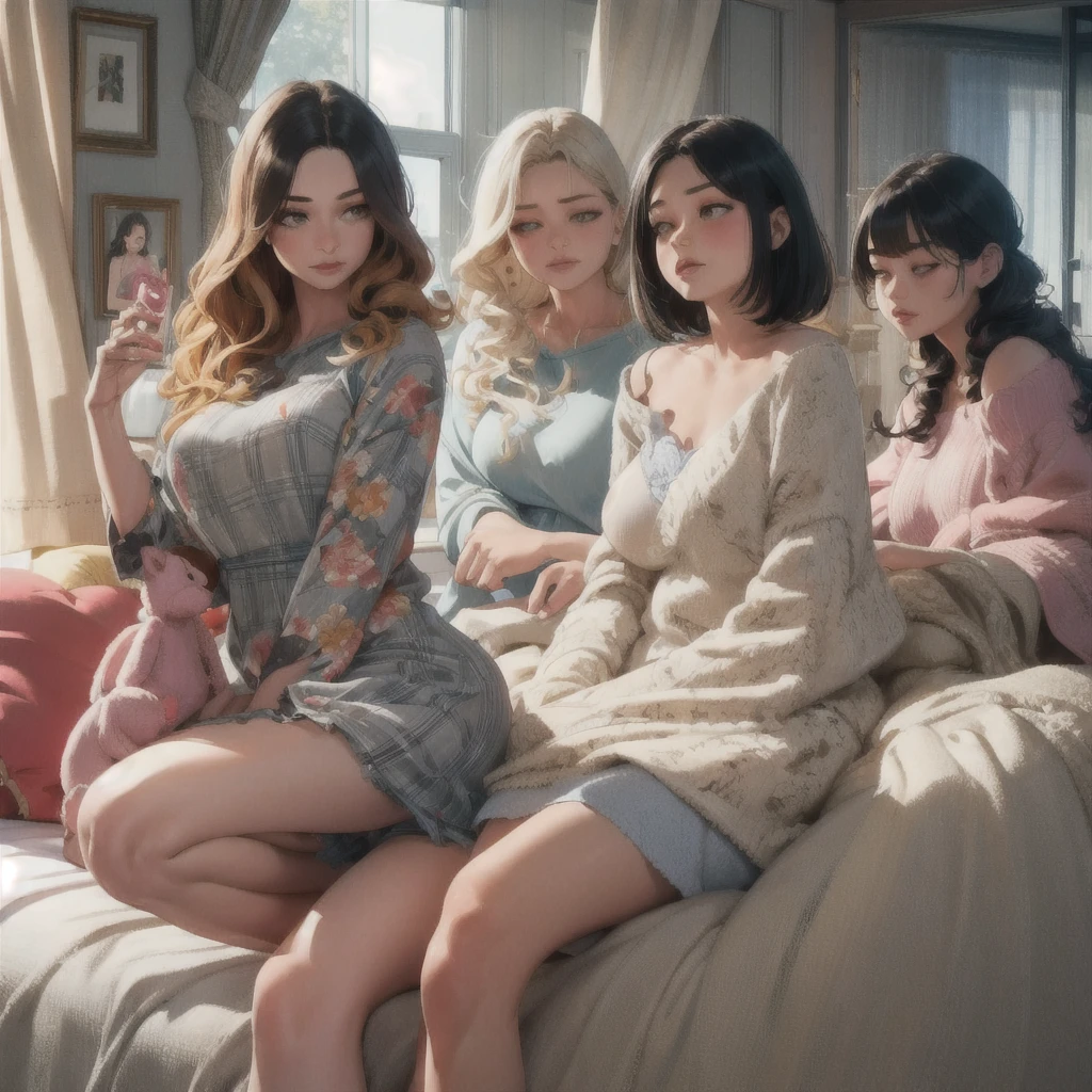 ((masterpiece,best quality)), girls sleepover, 5 young elegant beautiful girls in lace underwear, girls night party, cozy bedroom interior, soft lighting, plaid blankets, pillows, stuffed animals, warm colors, relaxed atmosphere, natural expressions, detailed faces and eyes, long eyelashes, photorealistic