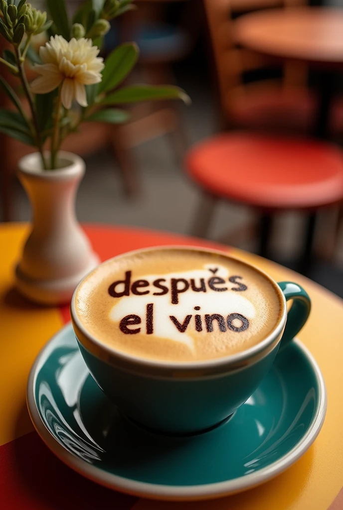 A cozy, inviting scene with a coffee cup on a colorful table. The coffee foam naturally forms the words 'después el vino' as if it appeared by chance. The table is simple yet vibrant, with a warm, comfortable atmosphere. The focus is on the casual elegance of the moment, where the words in the foam feel organic and unforced, blending seamlessly with the relaxed vibe of the setting.