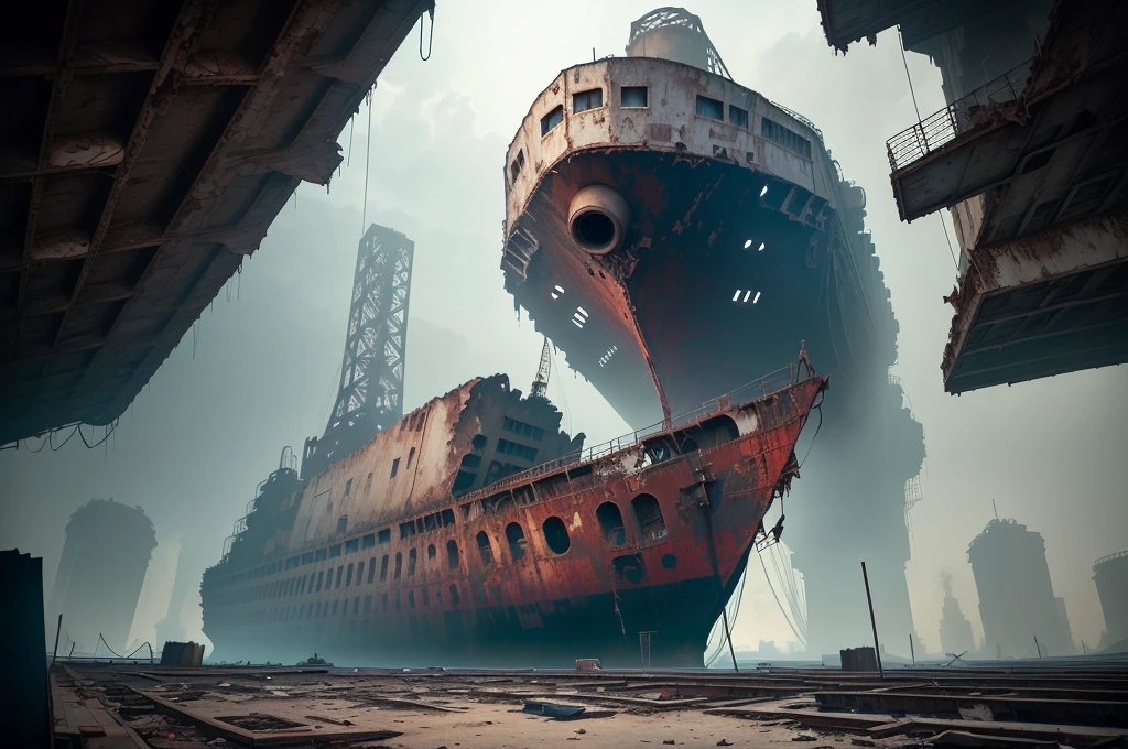 Arafad boat in a dirty building with many windows, abandoned steelworks, an abandoned old, Portrait of a sunken ship, abandoned factory, surreal abandoned buildings, an abandoned, rusted silent hill, dark abandoned cyberpunk factory, full scenery shot, abandoned spaceship, abandoned, In a huge cave iron city, abandoned rocket ship, abandoned rocketship , (low angle shot 1.8) ( Camera shot close to the ground 1.8 )