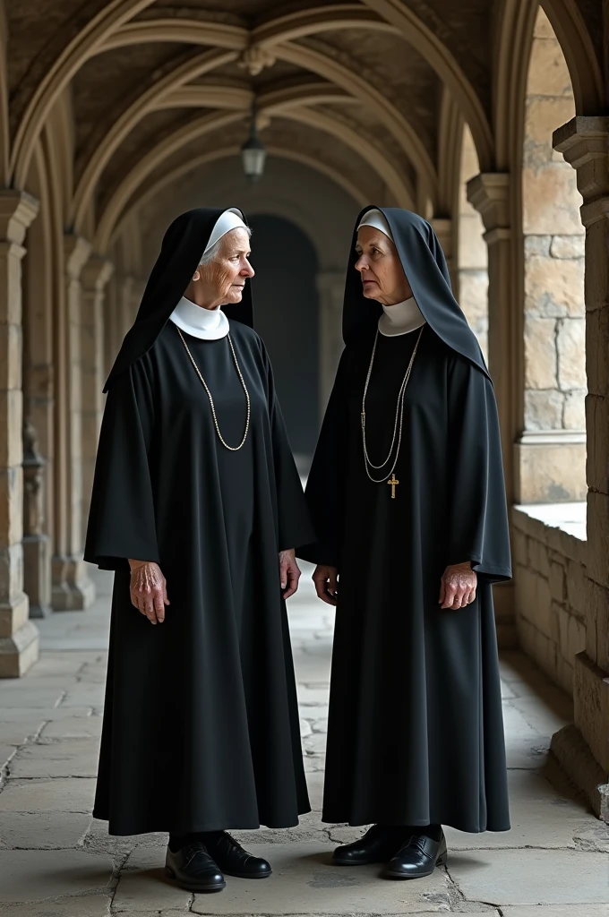 Two old nuns in their black costumes walking thru a medieval corridor, talking to each other