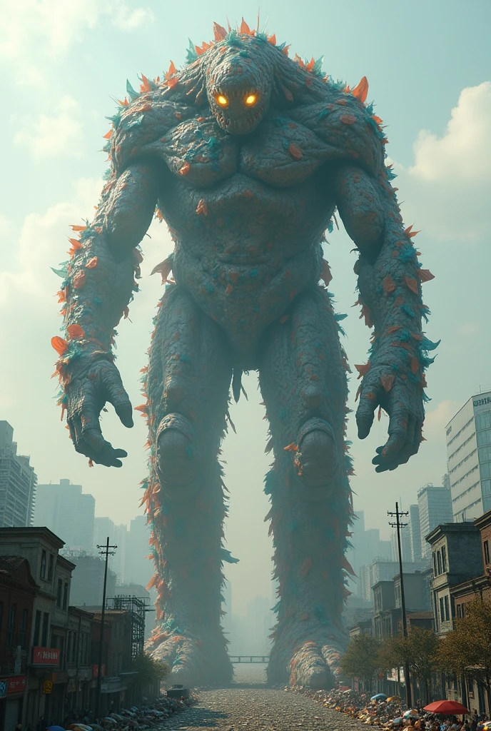 A towering creature made entirely of plastic bags, looming over a city. The bags form the creature’s body, arms, and legs, with eyes made of crumpled plastic.