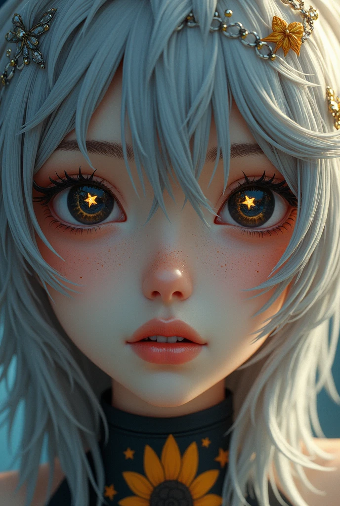 (Close-up of a better masterpiece:1.5)0.9], (angel and magic user:1.2) (Messy silver hair:1.1) (Heterochromia xanthochromia and black eyes:1.2) (Space Helmet:1.0) (Colored stars in the eyes:1.0) (A radiant glow:1.1) (thick lips:0.9)(sunflower tatto in neck)