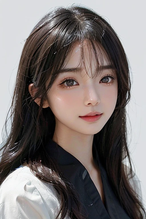 /imagine: Digital illustration of a young woman in her twenties。((face:
丸face、Thick eyebrows、優しいface立ち
大きな目と低い頬骨
目:
Black Eyes、Warm eyes and fine highlights:
Hair color is black:
Light Skin Tone、Smooth and healthy looking skin:
calm and gentle smile))。Simple white background、Highlight her features。The style is photorealistic、The texture of the skin and the fine details of the hair are depicted with great detail.。The image is in portrait format、Composition suitable for SNS profile picture。