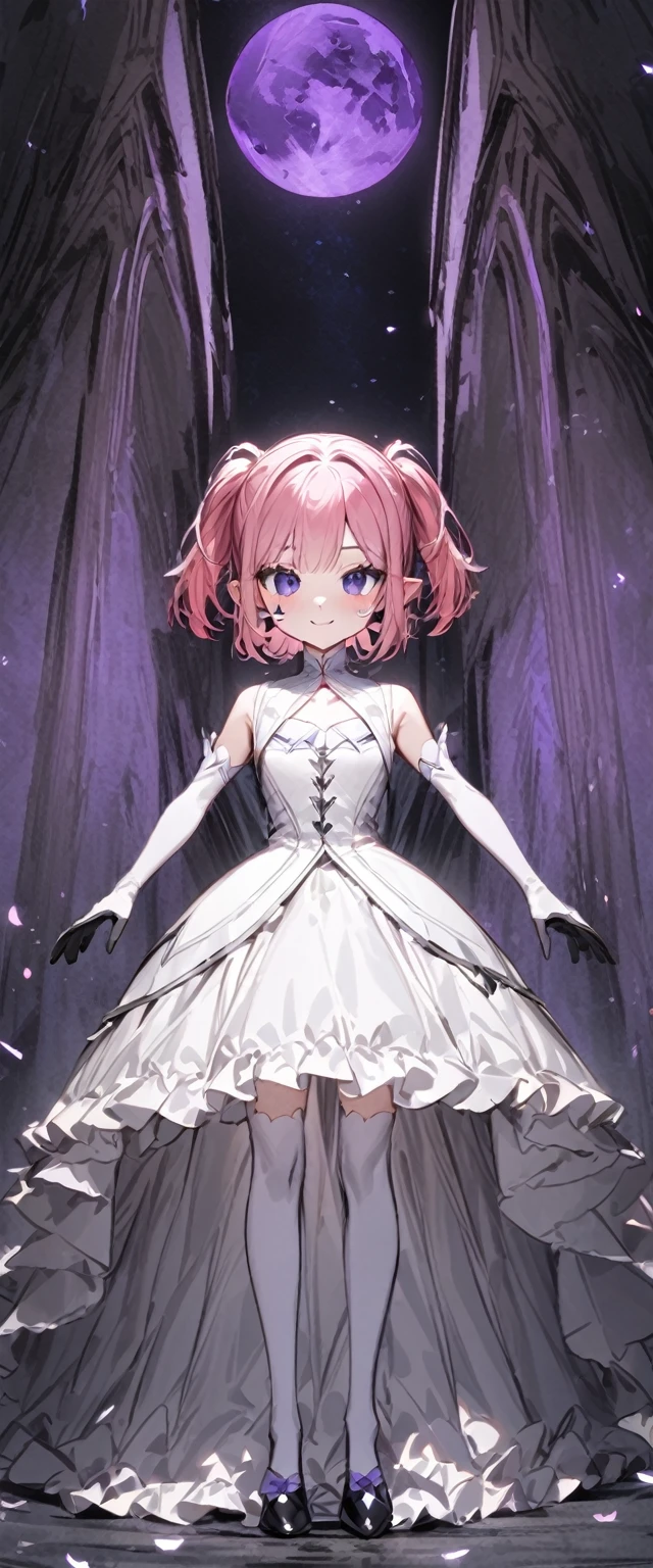 UHD, masterpiece, best quality, extremely detailed, anatomically correct, sharp focus, Midnight, purple moon, Church , altar isle, falling petals, ((full body portrait)), 1girl, solo, camilavtuber, ((pink hair)), short hair, shoulder length hair, (black head wings:1.1), ((twin ponytail)), purple eyes, facial mark, smiling, slim arms, white arm sleeves, white gloves, small chest, 1devil wing, white wedding gown, white ba11g0wn, slim legs, white stockings, black high heels, full body shot, close up, innocent pose, Eye-Level Shot, front view, innocent pose