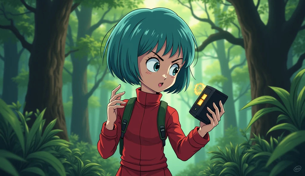 Create an illustration of Bulma from Dragon Ball, walking through a dense forest while looking down at the Dragon Radar in her hand. Bulma should have an intense and focused expression: her eyes are wide open and concentrated, with slightly narrowed pupils, and her eyebrows are furrowed, showing determination. Her body is slightly leaned forward, and the Dragon Radar is close to her face, emitting a soft glow. One hand is holding the radar, while the other is either gesturing or moving a branch out of the way. The forest around her is lush and green, with soft natural light filtering through the trees.