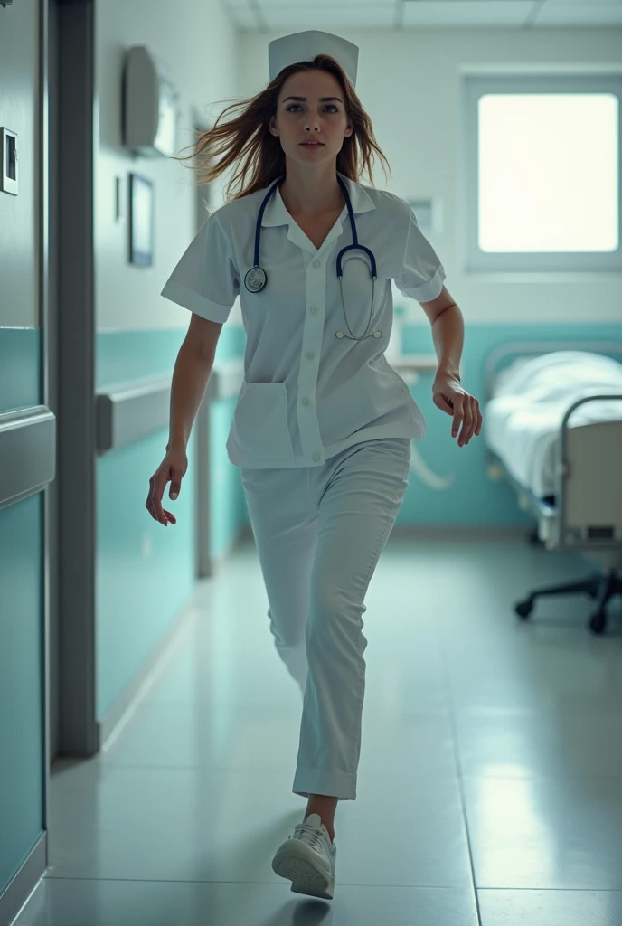 A young nurse is running to help a patient who is having a seizure.