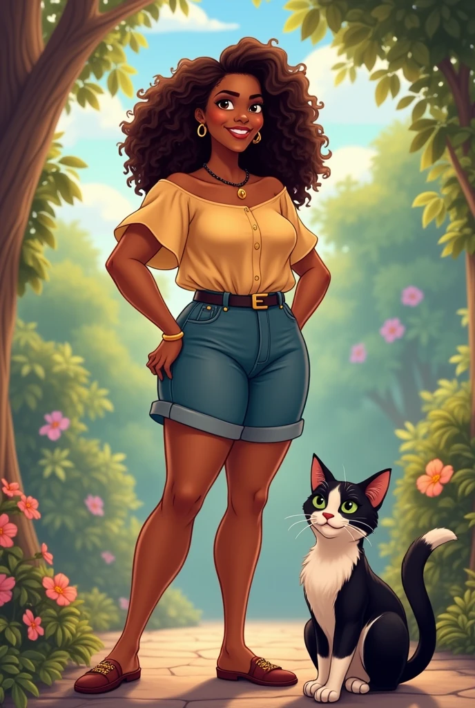 an animated disney image of a not so thin brown skinned woman, curly hair; that she is standing and accompanied by a black and white cat