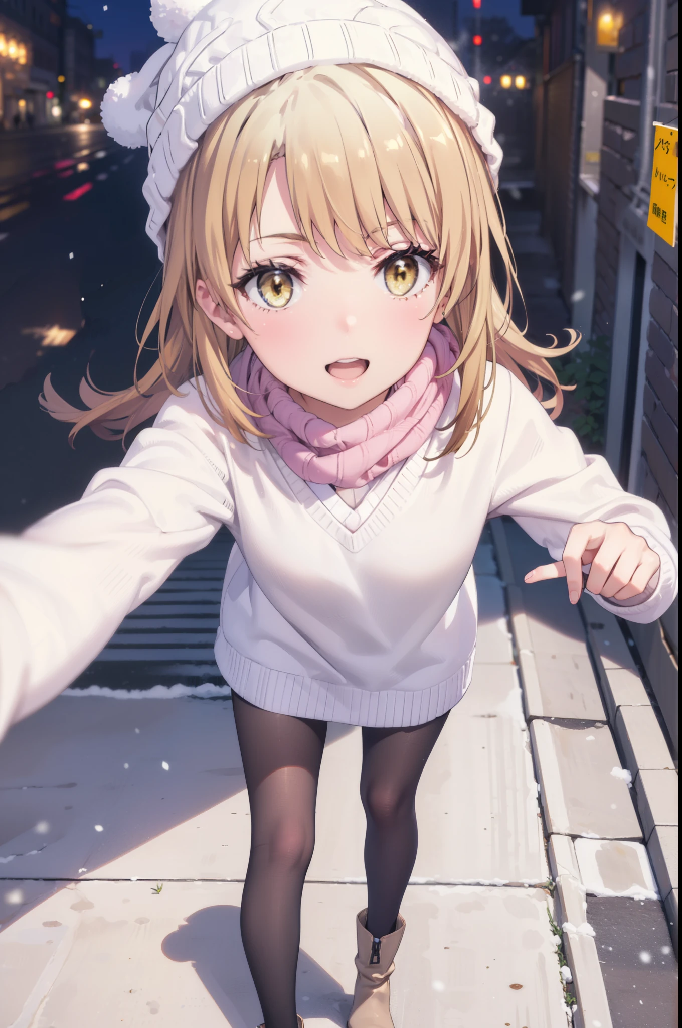 Irohaisshiki, isshiki iroha, Long Hair, Brown Hair, (Brown eyes:1.5), smile,Open your mouth,White Breath,low twin tail,Knitted hat,White scarf,Yellow long coat Open front,Pink v-neck sweater,Short denim,Black pantyhose,short boots,Walking,snowが降っている,snowが積もっている,moon,night,snow,snow,snow,snow,whole bodyがイラストに入るように, break outdoors, Building district,
break looking at viewer,whole body,
break (masterpiece:1.2), Highest quality, High resolution, unity 8k wallpaper, (figure:0.8), (Beautiful attention to detail:1.6), Highly detailed face, Perfect lighting, Highly detailed CG, (Perfect hands, Perfect Anatomy),