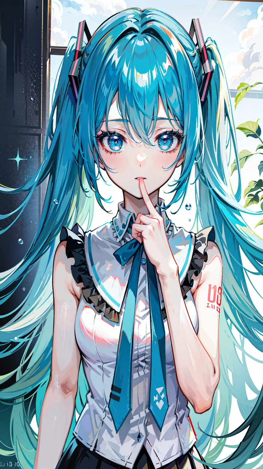 A painting of a reclining Hatsune Miku portrayed as an“old masters”oil painting in the style of Giovanni Boldini, no extra limbs : 1.3, blue hair: 1.2, school uniform, Daytime: 1.2,In the garden: 1.1, flowers, Film lighting, Surrealism, UHD, accurate, Super detail, textured skin, High detail, Best quality, 8k,Thin bangs, (colorful splashes),colorful bubble,(shining), thick body, sleeveless, well drawn hands, focus on face, long fangs