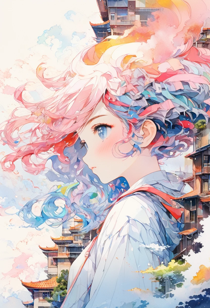 (masterpiece, Highest quality, Highest quality,Watercolor (Moderate),Official Art, beautifully、aesthetic:1.2),(One girl:1.3), (Fractal Art:1.3),Upper Body, From the side, View your viewers,pattern,(Rainbow Hair,colorful hair,Half Blue、Half pink hair:1.2), cloud,colorful, sunny,City、Rooftop