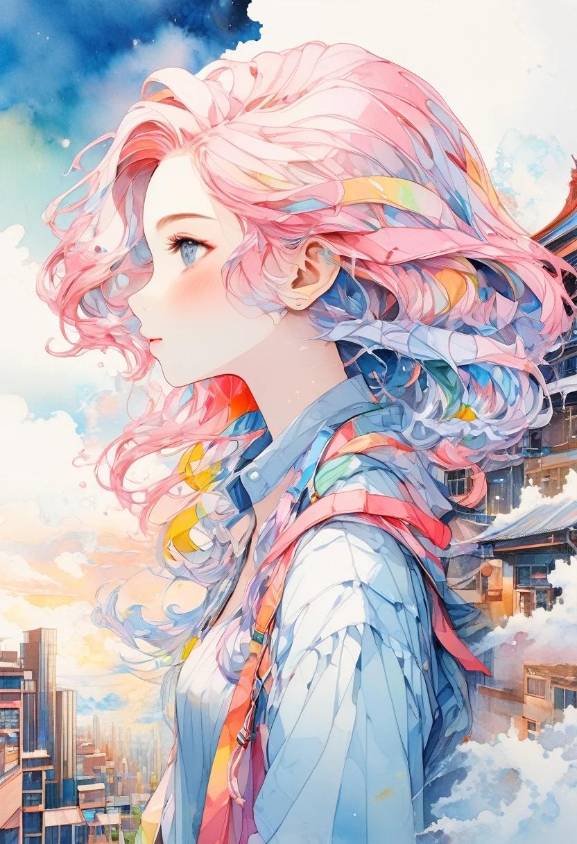 (masterpiece, Highest quality, Highest quality,Watercolor (Moderate),Official Art, beautifully、aesthetic:1.2),(One girl:1.3), (Fractal Art:1.3),Upper Body, From the side, View your viewers,pattern,(Rainbow Hair,colorful hair,Half Blue、Half pink hair:1.2), cloud,colorful, sunny,City、Rooftop