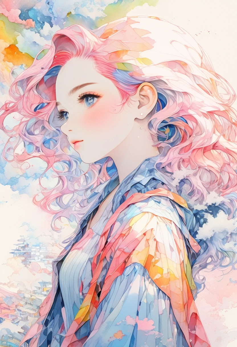 (masterpiece, Highest quality, Highest quality,Watercolor (Moderate),Official Art, beautifully、aesthetic:1.2),(One girl:1.3), (Fractal Art:1.3),Upper Body, From the side, View your viewers,pattern,(Rainbow Hair,colorful hair,Half Blue、Half pink hair:1.2), cloud,colorful, sunny,City、Rooftop