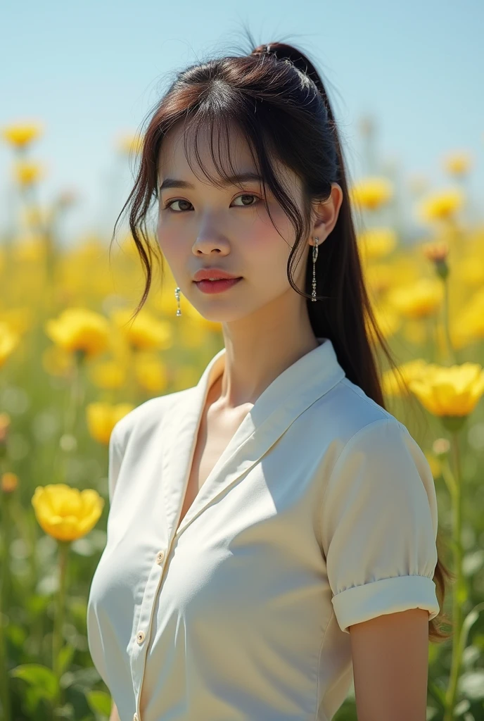 (full-body shot:1.5),(short ponytail:1.2),((looking away:1.2)),((in the office)),Officelady,(small breasts:1.4),arafed woman with long hair posing in front of a field of flowers, sun yunjoo, park ji-min, jaeyeon nam, lee ji-eun, lee ji - eun, heonhwa choe, Yoshitomo Nara, hwang se - on, portrait of female korean idol, Chiho, sakimichan,cute - well-groomed - face,(mature_female),milf,casual,Wide_shot,blunt bangs,cinematic lighting,(8k, masterpiece, best quality, raw photo), blush, parted lips, looking at the viewer, ((Good, thong:1.2)),in the office