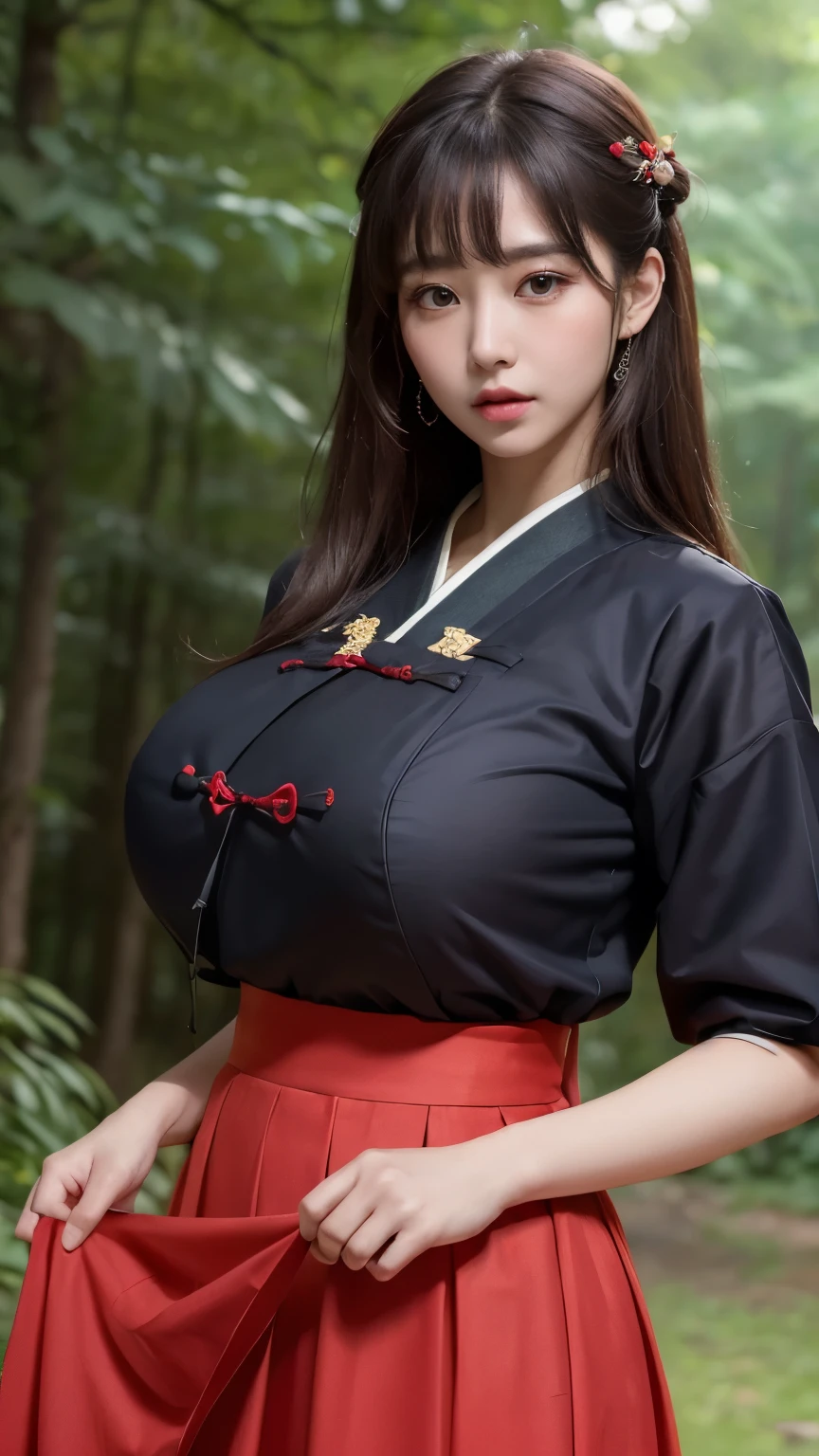 (best quality, 8k, masterpiece: 1.3), ((((((ridiculously big tits: 0.8))))), hairpin, (beautiful face:1.3), Dark Forest, chill, old tree,authentic hanbok, red skirt, dark background, It&#39;s dark at night, shaman, Maiden, Shaman