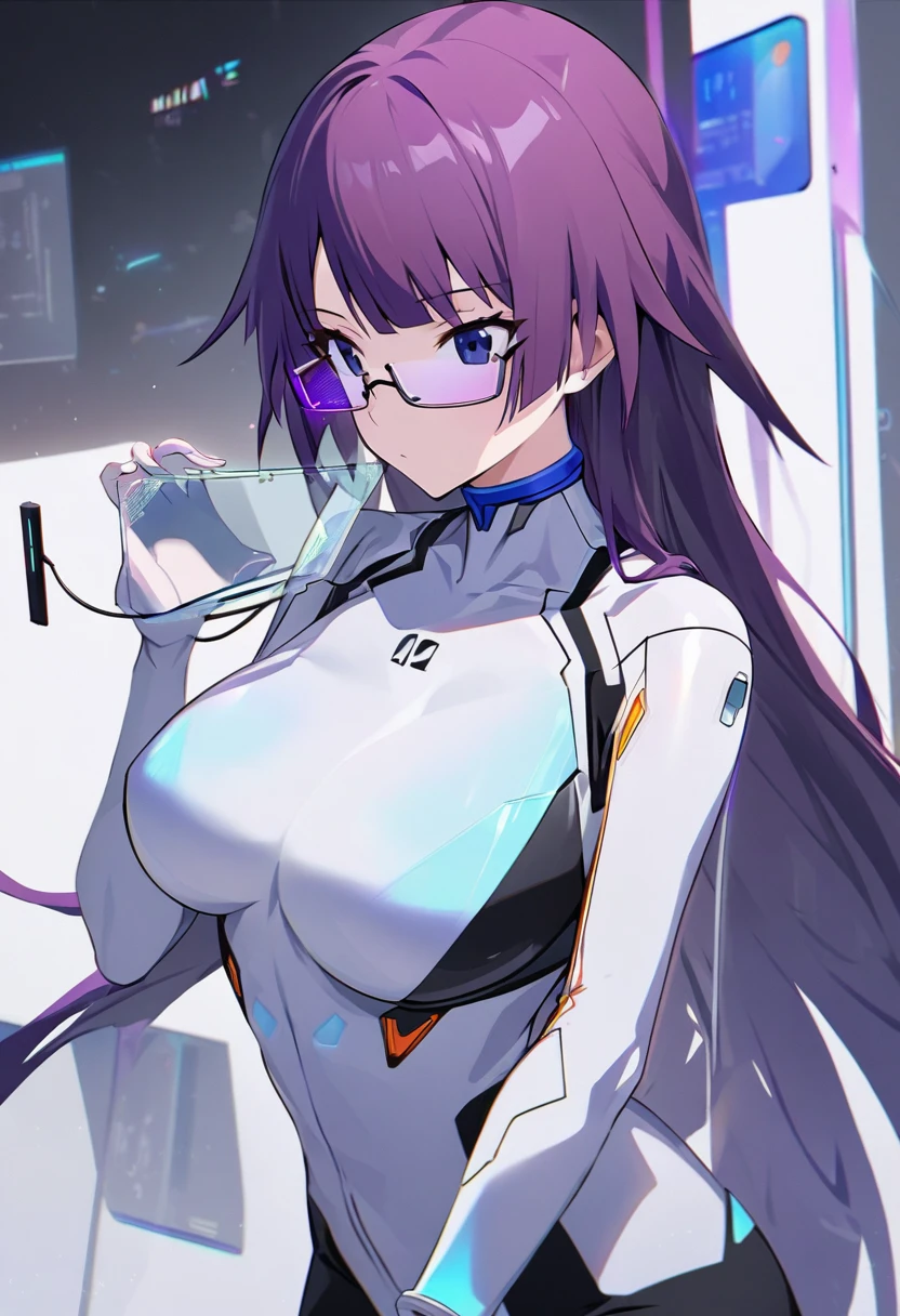 One girl, Senjougahara Hitagi,Large Breasts, story (series), masterpiece, Highest quality, Absurd, Futuristic Ambient Lighting, Techno Minimalism Style, Cutting-edge minimalist fashion, Sophisticated未来的なポーズ, High tech minimalist setting, Purple hair outfit:
Sophisticated, A matte white Evangelion plug suit with a subtle geometric pattern,Lightweight plug suit Light grey minimalist asymmetrical overcoat。With hidden tech features。Clear vinyl accents on shoulders and sides。, Metallic silver slim-fit boots with invisible fasteners, with a circuit-like pattern underneath.:
short, Precisely cut sharp purple hair, Geometric lines One side is slightly longer, with a subtle undercut pattern
Holographic sheen that changes color slightly with movement
アクセサリー:
thin, Metallic choker with a small LED display showing abstract patterns Minimalist smart bracelet that projects a holographic interface Nearly invisible earpiece for communication and audio Clear, frameless glasses with heads-up display capabilities
メイク:
perfection, Almost transparent skin, ミニマルなグラフィックデザインのメタリックパープルのアイライナー ホログラフィックな輝きを放つ透明なリップグロス perfectionな形に整えられた眉毛, Slender Arch Pose and Environment:
Desolate, White room with hidden technology panel. Raise one hand., Interacting with invisible holographic interfaces Minimalist furniture with technology integrated into the background Software, Ambient lighting that seems to come from nowhere:
Sophisticated, Transparent tablet with no visible buttons Minimalist white earphones in a charging case Compact, A cube-shaped personal drone hovers nearby A futuristic water dispenser that analyzes and displays hydration levels