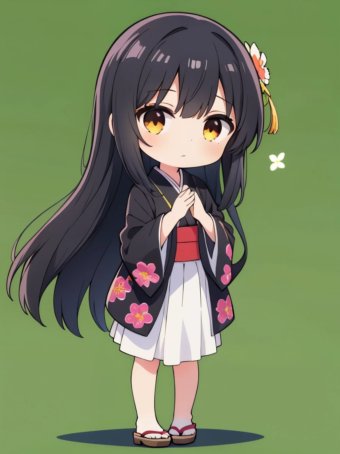1girl,flower pattern , 紫 kimono,black hair,brown eye,long hair,chibi,standing, put hands on body, full body,green background　アホ毛