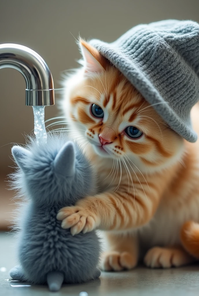 A beige cat with a grey hat starts washing the  kitten with blue fur