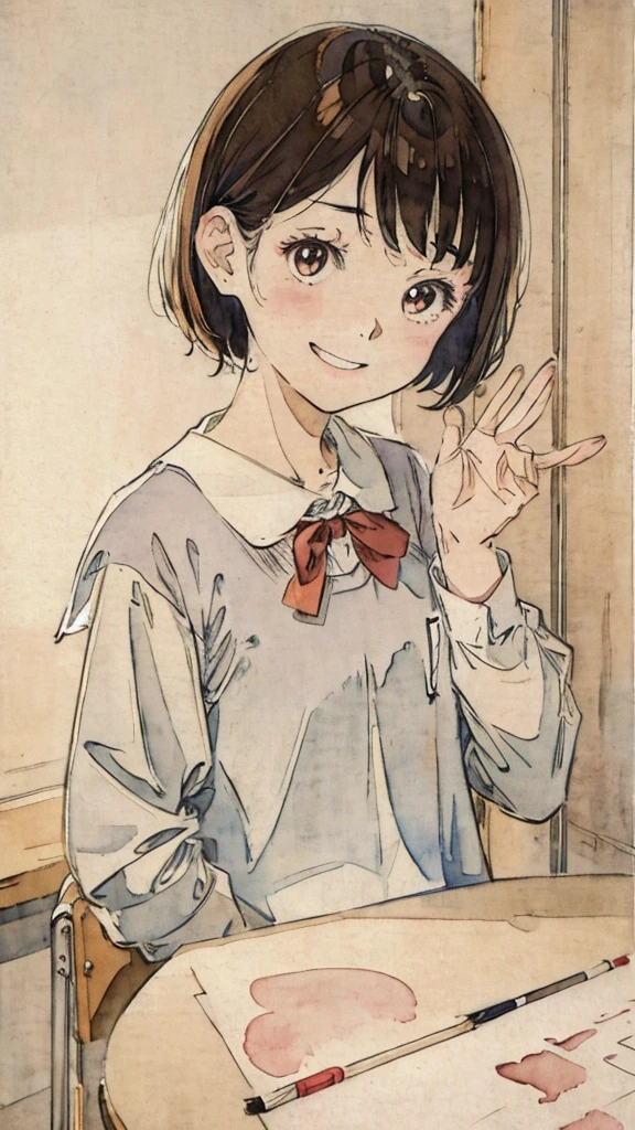 School classroom、Watercolor style、pale colour、Hand-drawn style, 16-year-old student、High 、Laughter、frontage、Upper body、Brown Hair、Upper body、man