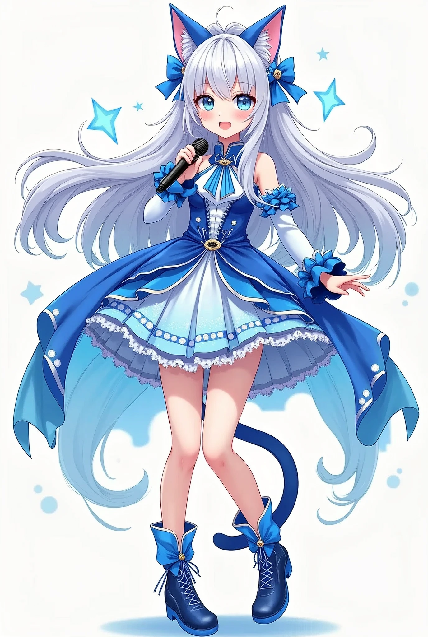 a drawing of a magical girl with anime aesthetics who is an idol with long white hair and cat ears and tail, wearing a short skirt and with a microphone in her hand singing, The dress is very showy and colorful in blue tones, and white