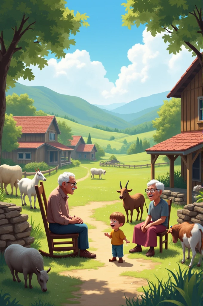 A farm with ducks, geese and sheep, two grandparents and a little boy