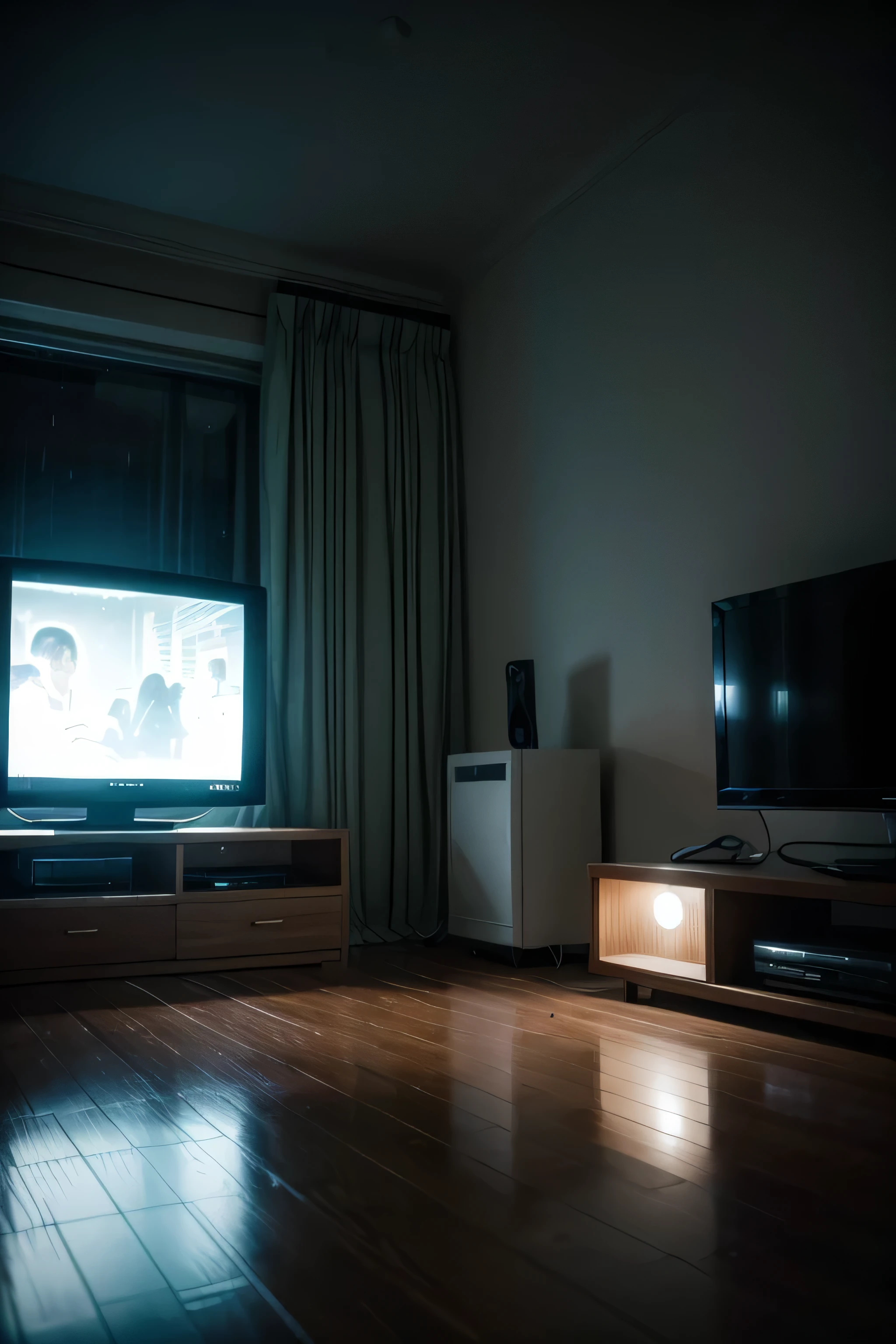 A living room at night, completely dark except for the flickering bluish light of an old CRT television playing in the corner. The window next to the TV is framed by heavy curtains, and the rain is falling heavily outside, droplets of water hitting and running down the glass. The light from the TV reflects on the puddles of water that form on the parapet, creating a play of shadows and lights on the wall. The atmosphere is dark and isolated, with the distant sound of rain and the glow of the TV being the only presences in the scene.