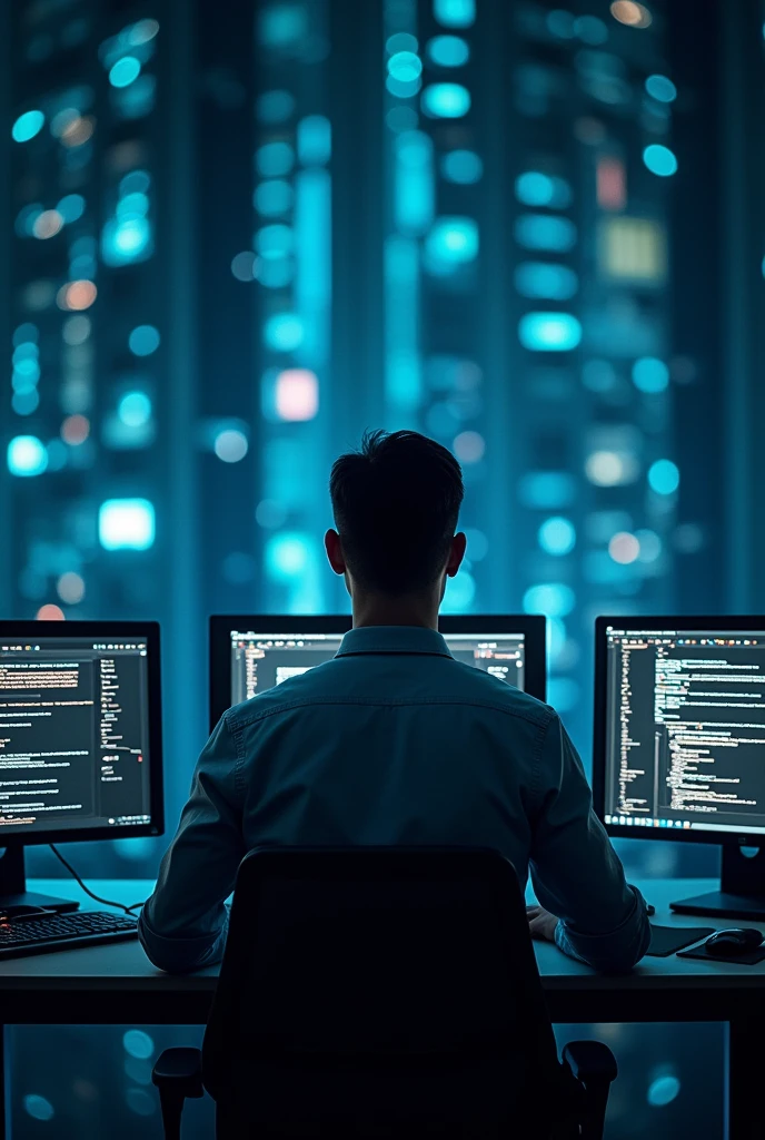 Man focused on a work environment with computers to illustrate the concept of cybersecurity