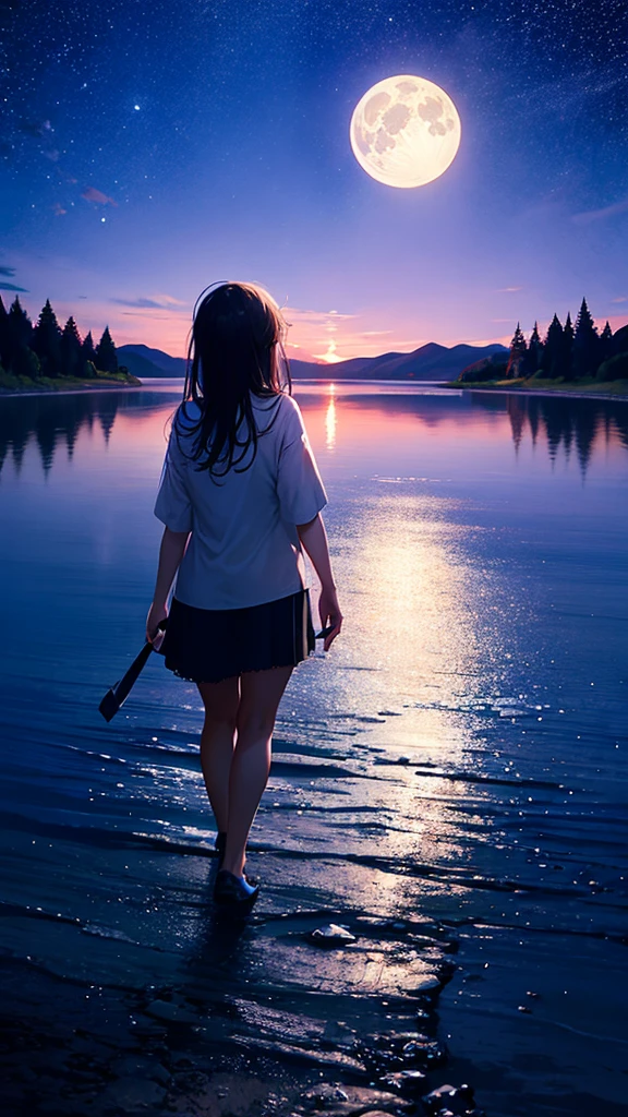 8k octane, A large full moon reflected on a quiet lake、The moonlight sways on the lake、A thin mist covers the lake surface.。wood々The silhouette of is reflected in the lake、A night view that evokes the feeling of tranquility and the transience of tears。There are a few stars in the sky,、The moonlight illuminates everything。 One girl, Long Hair, Back view, Wide-angle shot,