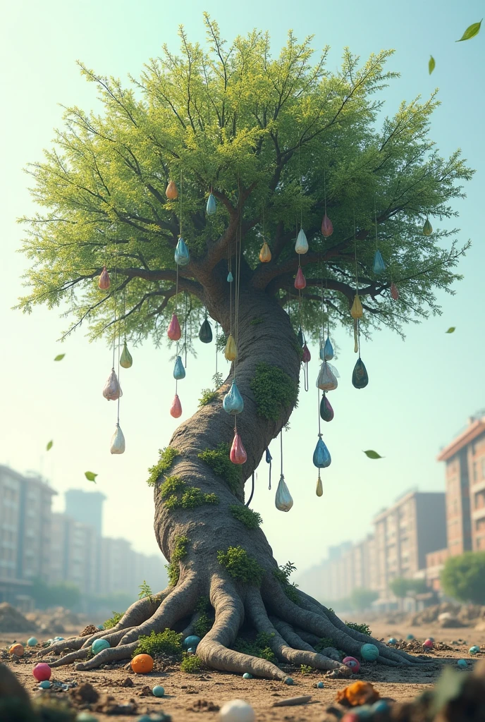 A tree struggling to grow, its branches and roots entangled in plastic bags. The leaves are sparse, and the tree looks like it's choking.