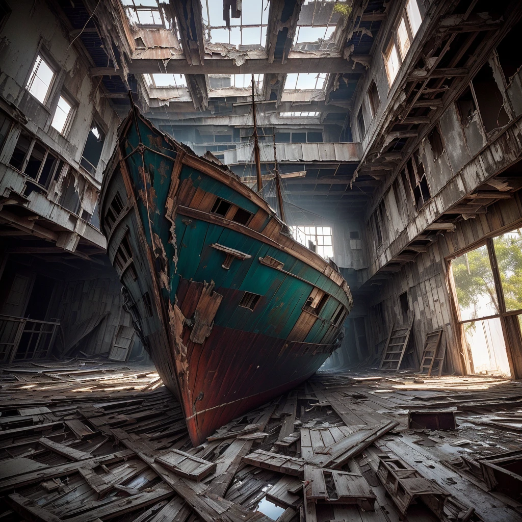 Arafad boat in a building with many windows, portrait of a Shipwreck, an abandoned old, 廢abandoned的, abandoned, urbanization photography, an abandoned, Shipwreck, 廢abandoned的 space ship, urbanization, abandoned spaces, photos of lost places, abandoned photograph, rot, urban exploration, shabby, abandoned places, old wooden ship , (low angle shot 1.8) ( Camera shot close to the ground 1.8 )