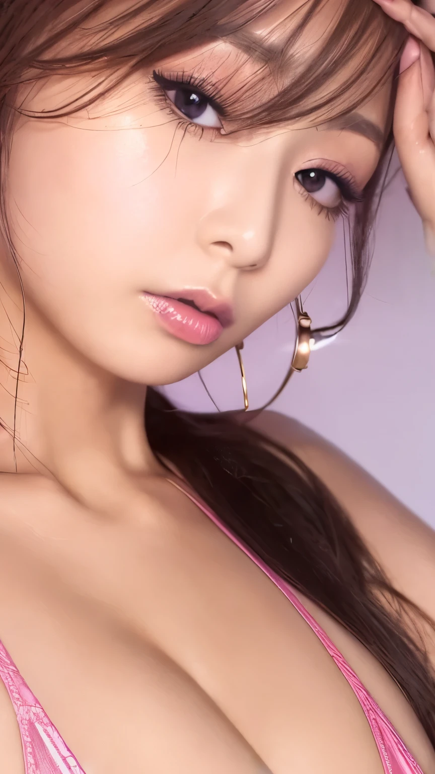 (Highest quality、8k、Award-winning works、Ultra-high resolution)、One beautiful woman、(Wearing a shiny tight swimsuit)、(blonde:1.1)、Bright color contacts、Perfect Makeup、Bright and shiny lipstick、(Very heavy makeup:1.2)、(Deep pink around the eyes:1.1)、Beautiful bright eyeshadow、Heavy makeup around the eyes、(Huge breasts:1.2)、very long wavy hair、(Romantic affection:1.1)、The best smile he had when he saw me、(Many of them emphasize the body line..:1.1)、(Strongly blurred vibrant Harajuku city background:1.1)、(Strongly blurred background:1.1)、Accurate anatomy、(Ultra-high resolutionの完璧な美しい歯:1.1)、Ultra-high definition beauty face、Ultra HD Hair、Ultra HD Shining Eyes、輝くUltra-high resolutionの美肌、Ultra-high resolutionの艶やかな唇, Very detailed,Glossy lips with visible lip wrinkles