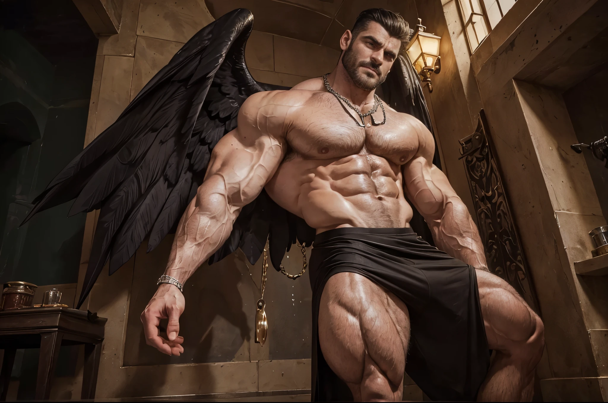 （（（angel caido！angel！big black angel wings！Gothic）））,perfect composition,！)), （（Unintentionally exposing chest muscles.））body hair, hairy chest, elegant macho, elegant barbilla de chad, Elegant and attractive, Elegante y elegant, elegant hombre, Attractive man, masculino y elegant, , elegant, posing attractive, Attractive man, Attractive man, 35 year old man！Raise your little head，Chimney（first portrait！)）showing off his hairy pecs showing off his hairy chest muscles），），(short mustache）Show hairy and muscular eyes..，）head space！Charming and serious look..，（hombre elegant，Dressed in an embarrassing posture，Perfect body anatomy，Beautiful man face detail，perfect foot，perfect hand！Ultra low angle shot！An image of an anime character with a necklace.., muscular man, realistic muscles, human representation style, Gothic, Anime core, meritocracy, at the romantic academy, garbage, Anime core, Aestheticized violence, whole body, dark gym, coloring Waiting to start