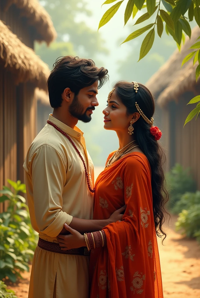 indian young couple watching each other in indian village