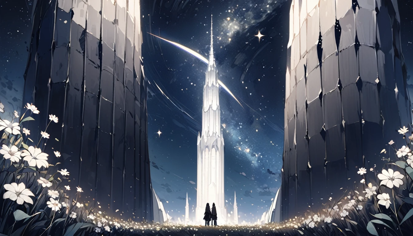two towers, one about 5 meters apart and one next to the other Whiter tower Dark tower and both with the same height with a starry night without people and with a field full of white and black flowers