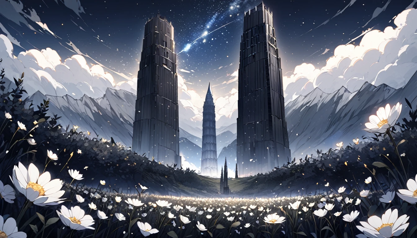 two towers, one about 5 meters apart and one next to the other Whiter tower Dark tower and both with the same height with a starry night without people and with a field full of white and black flowers