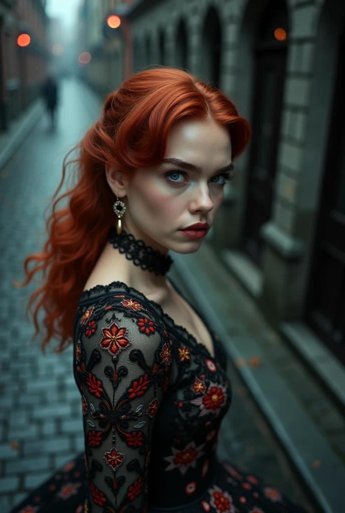 `High angle, from above, Anya TaylorJoy redhead, half body, wearing a embroidered pocho-dress shot on a Fujifilm X-T4 DOF, cobblestone streets, dark neogothic background, night`