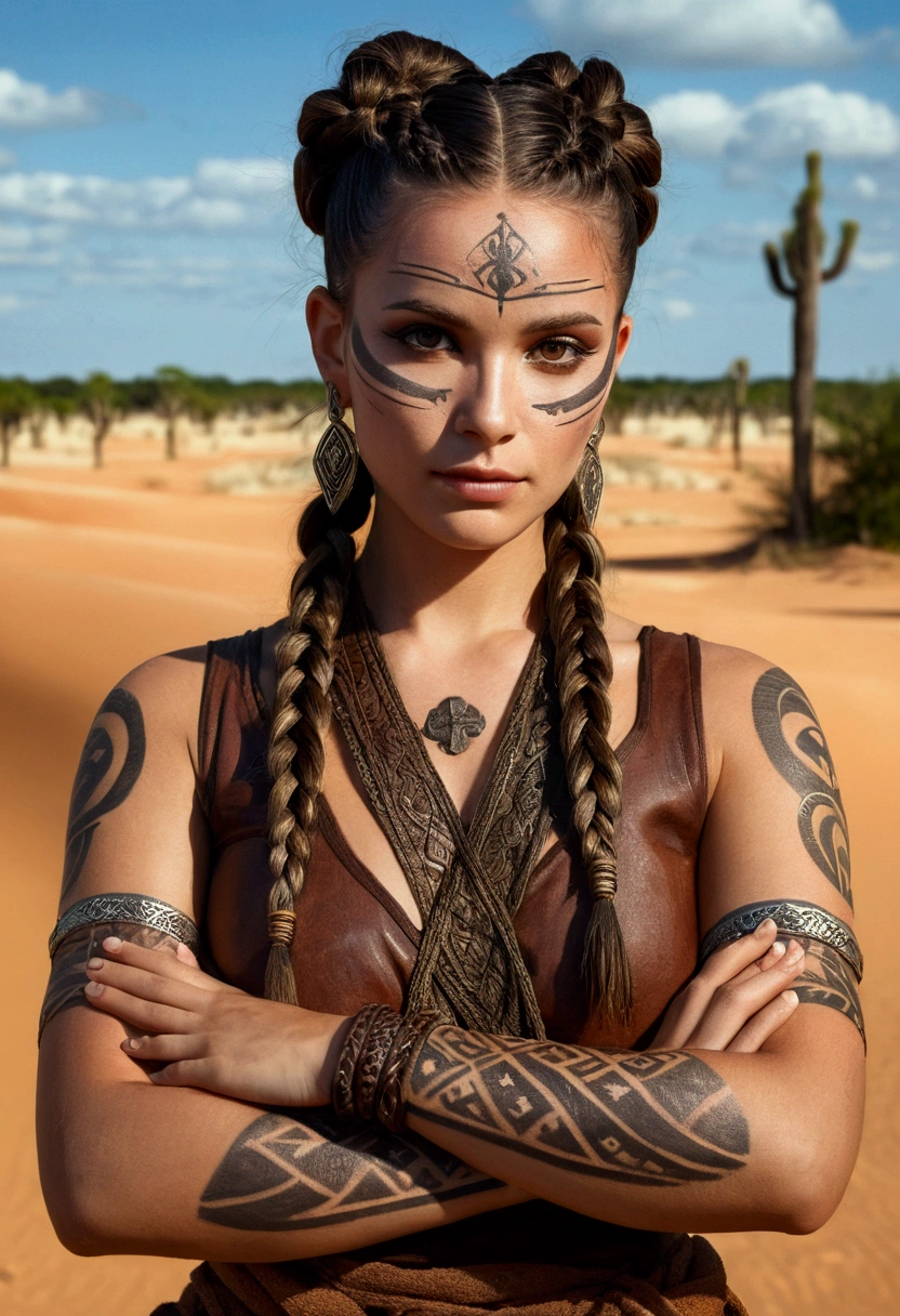 (masterpiece, top quality, best quality, official art, beautiful and aesthetic:1.2), (1girl:1.3), dark brown hair pulled back, cross hands, topknot, braids, extremely detailed, portrait, looking at viewer, solo, (full body:0.6), detailed background, close up, facepaint, tribal tattoos, (warm summer desert theme:1.1), busty human barbarian queen, elegant face, long face, charlatan, smirk, mysterious, walking in savannah, revealing triba
