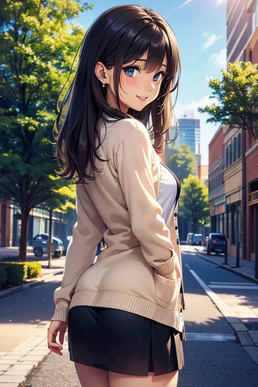 #Basics A girl is posing for a photo, (((One Girl))), (((Baby Face:1.4)) + ((cute:1.4)) + ((15 years old))),
break
#Clothing Accessories
((Red long tight skirt)) + ((Black camisole)) + ((Cream sheer cardigan:1.4)) + (Blue sneakers),
(red gem earrings), (Silver Necklace),
break
#Features
((Black Hair:1.2)) + ((Oblique bangs + Very long side bangs)) + ((Medium Hair : Short Hair + Wavy Hair + Hair curled outside)),
((Droopy eyes:1.4, Big eyes:1.2), blue eyes), (Small breasts:1.2), (Neutral facial features),
break
#background environment
((noon, Sunlit sidewalk in downtown + street tree)),
#Facial Expression Pose
(smile, blush), (Rear view + look back),
#composition
(Face the camera), ((Character Focus), (Angle from the front), (Cowboy Shot)),
break
#Body parts elements
(Slim figure),
(Symmetrical facial features),
(Detailed Hair, Beautiful Hair, Shiny Hair),
(double eyelid, Long eyelashes, Thin eyebrows:0.5, Thin eyebrows:0.5),
(Expression of fine eyes, Beautiful and delicate eyes, Sparkling eyes, Eye Reflexes, Glitter Eyeliner),
(Human Ear),
(Beautiful Nose, Thin Nose),
(Glossy Lips, Beautiful Lips, Thick lips),
(Detailed skin, Textured skin, Beautiful Skin, Oily skin),
break
#Quality Image Quality Common
(((Highest quality)), ((masterpiece:1.3)), ((Very detailed))), ((Ultra-high resolution)), ((16K, 1080P)), ((Full HD)),
(Anatomically correct), (Realistic), (3DCG), (Oil painting),
((comics, anime)), (CG illustration), (RAW Photos),
