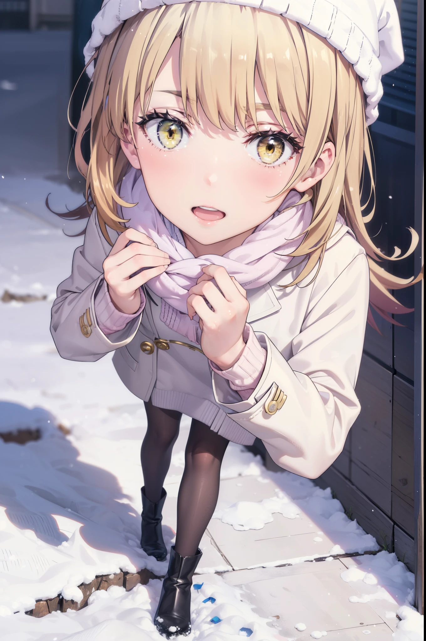 Irohaisshiki, isshiki iroha, Long Hair, Brown Hair, (Brown eyes:1.5), smile,Open your mouth,White Breath,low twin tail,Knitted hat,White scarf,Yellow long coat　Open front,Pink v-neck sweater,Short denim,Black pantyhose,short boots,Walking,snowが降っている,snowが積もっている,moon,night,snow,snow,snow,snow,whole bodyがイラストに入るように,　　　　　　　　　break outdoors, Building district,
break looking at viewer,whole body,
break (masterpiece:1.2), Highest quality, High resolution, unity 8k wallpaper, (figure:0.8), (Beautiful attention to detail:1.6), Highly detailed face, Perfect lighting, Highly detailed CG, (Perfect hands, Perfect Anatomy),