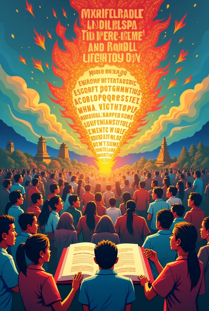 poster about Filipino:Wikang mapagpalaya. Ensure all colors used complement each other and are consistent with the theme of freedom and empowerment. A visual representation of the Filipino language being empowering or liberating. This could be an open book with the Filipino alphabet flowing out of it, people breaking free from chains made of text, or hands reaching up toward the sky with words written on them. Use a background that represents the Philippine flag's colors—blue, red, yellow, and white—or a gradient that symbolizes freedom and progress.
Philippine symbols such as the flag, map, and famous landmarks (e.g. Rizal Monument, Banaue Rice Terraces).A picture of Filipinos from different sectors of society (young, old, students, workers) talking, reading, and writing in Filipino.