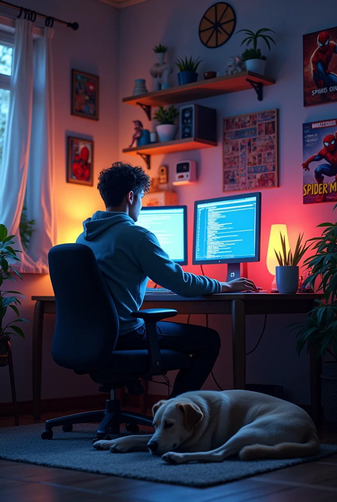 A person who is programming, and making money, with his dog sleeping on the floor and on another monitor with video games, That the room has some Marvel stuff on the wall and can be seen from afar, Add more MARVEL items of superheroes like Spiderman