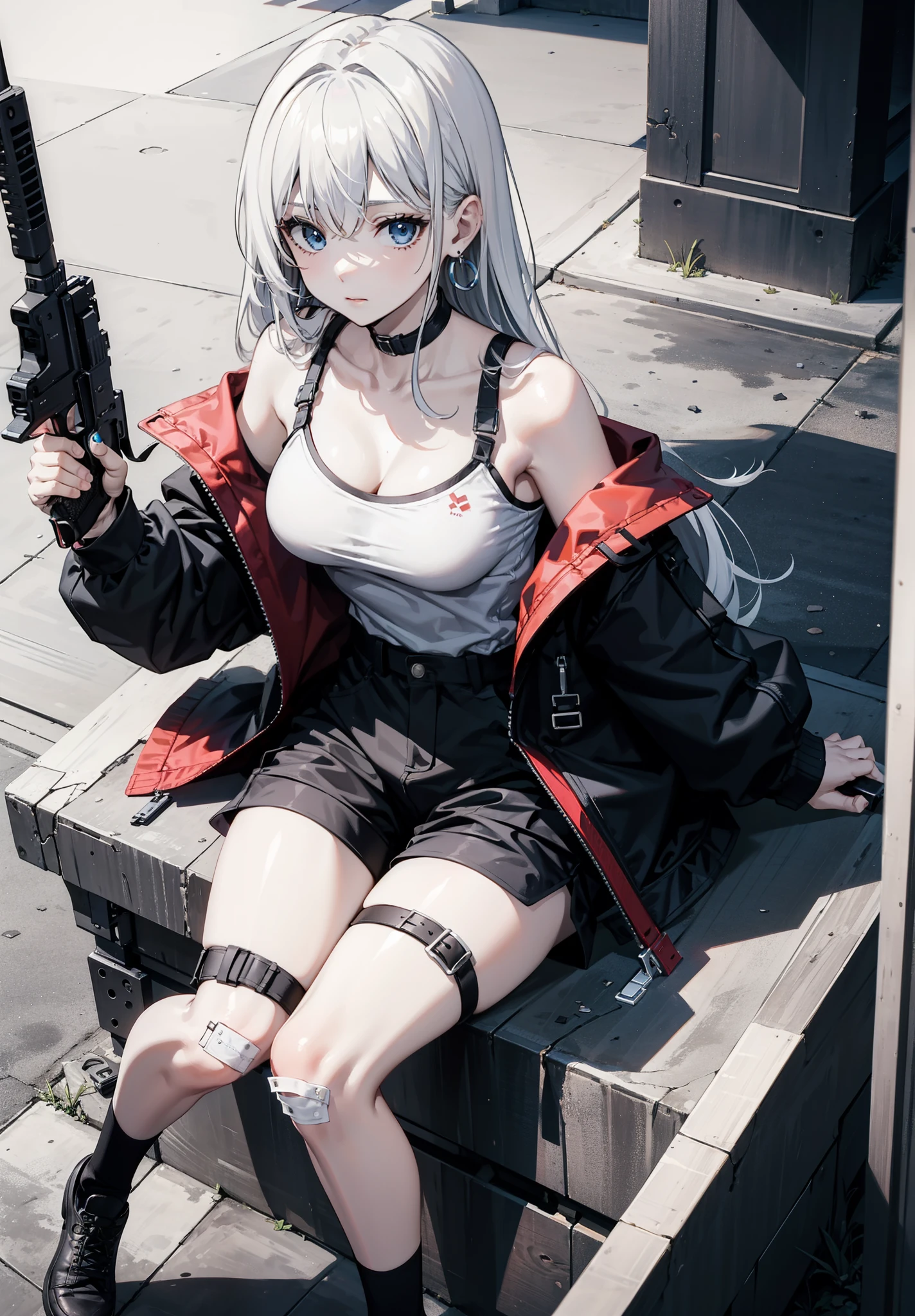1girl, solo, long hair, breasts, looking at viewer, bangs, blue eyes, shirt, long sleeves, holding, jewelry, medium breasts, sitting, closed mouth, collarbone, jacket, white shirt, weapon, white hair, earrings, open clothes, shorts, indoors, off shoulder, nail polish, holding weapon, open jacket, gun, short shorts, thigh strap, from above, black shorts, between breasts, holding gun, bandaid, rifle, handgun, bandaid on face, assault rifle, trigger discipline, harness, bandaid on nose
